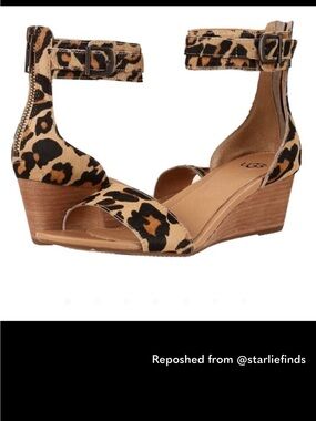 Leopard Print Ankle-Strap Wedge Sandals - Tan/Black Ugg char sandals size 10.